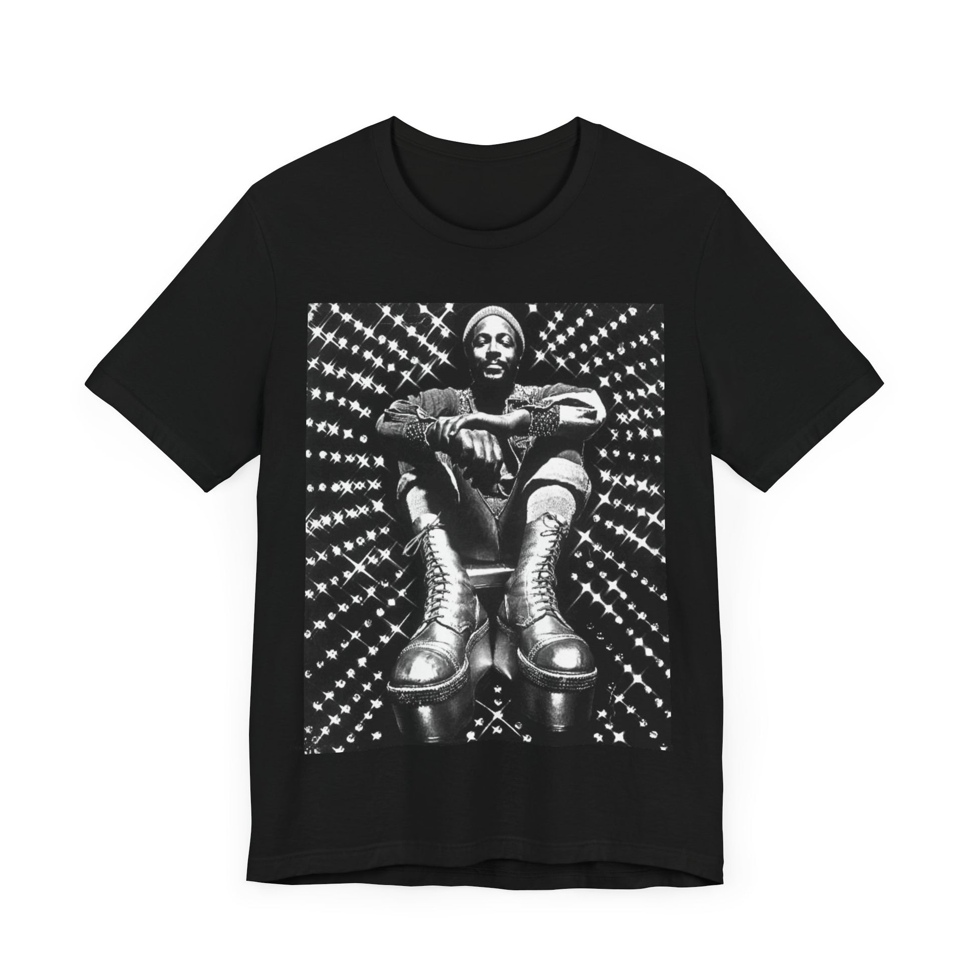 A black graphic t-shirt featuring a black and white vintage soul icon graphic of Marvin Gaye.