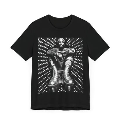 A black graphic t-shirt featuring a black and white vintage soul icon graphic of Marvin Gaye.