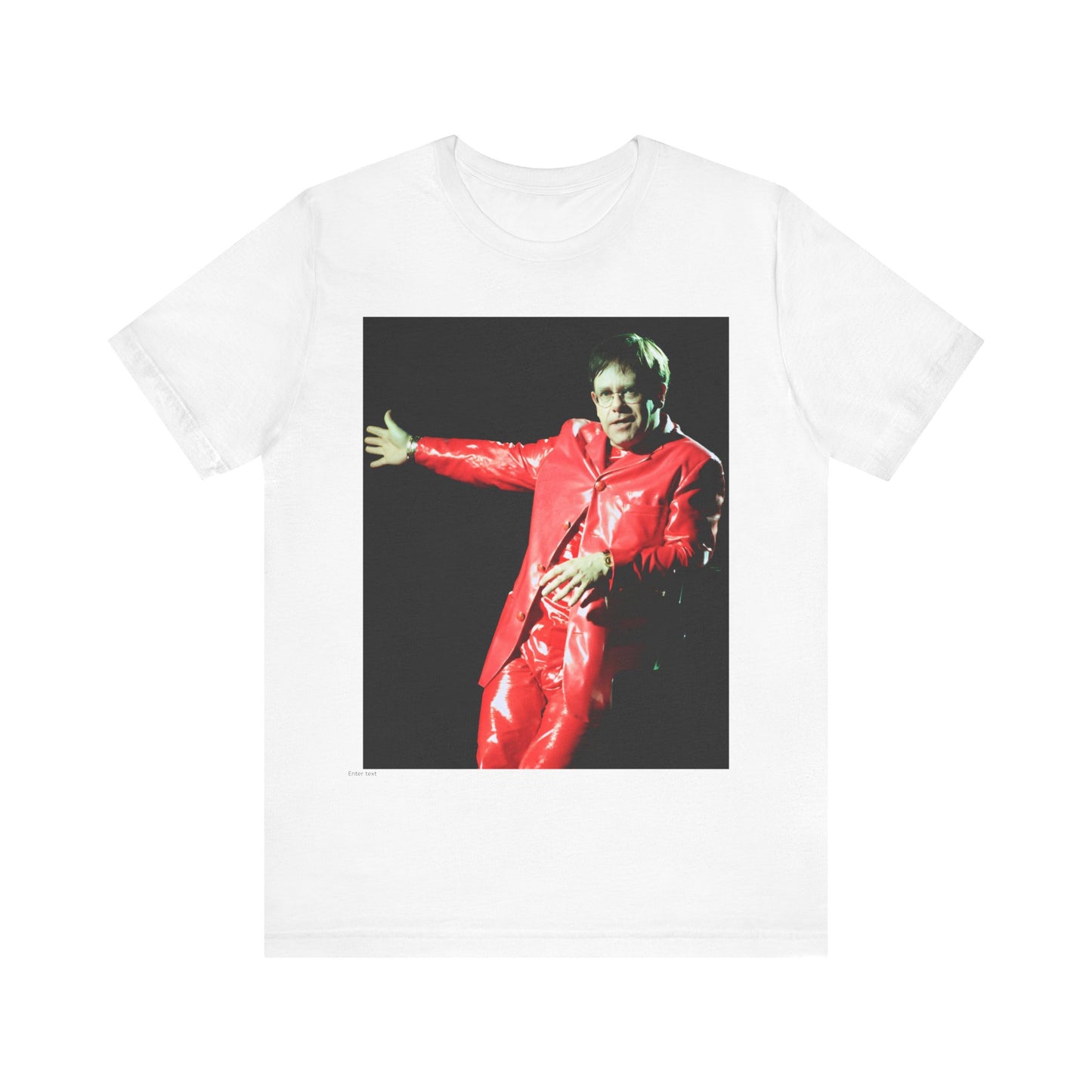 A black graphic t-shirt featuring a vintage photo portrait of Elton John as a music legend.