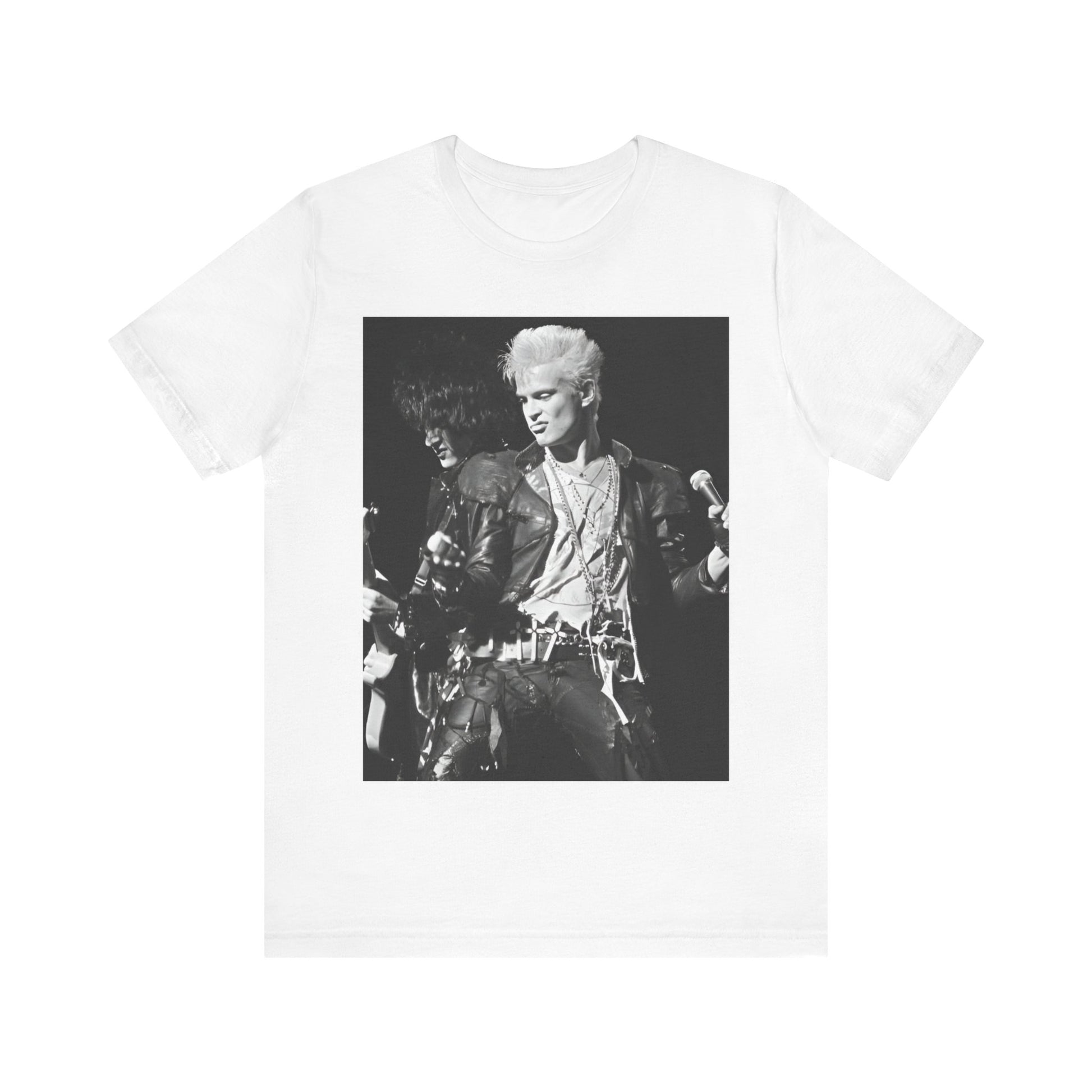 A black graphic t-shirt featuring a live concert graphic of Billy Idol, designed for a comfortable fit.