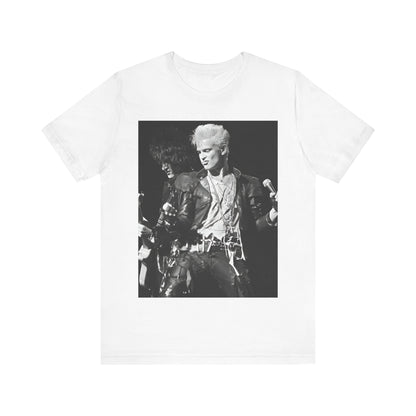 A black graphic t-shirt featuring a live concert graphic of Billy Idol, designed for a comfortable fit.