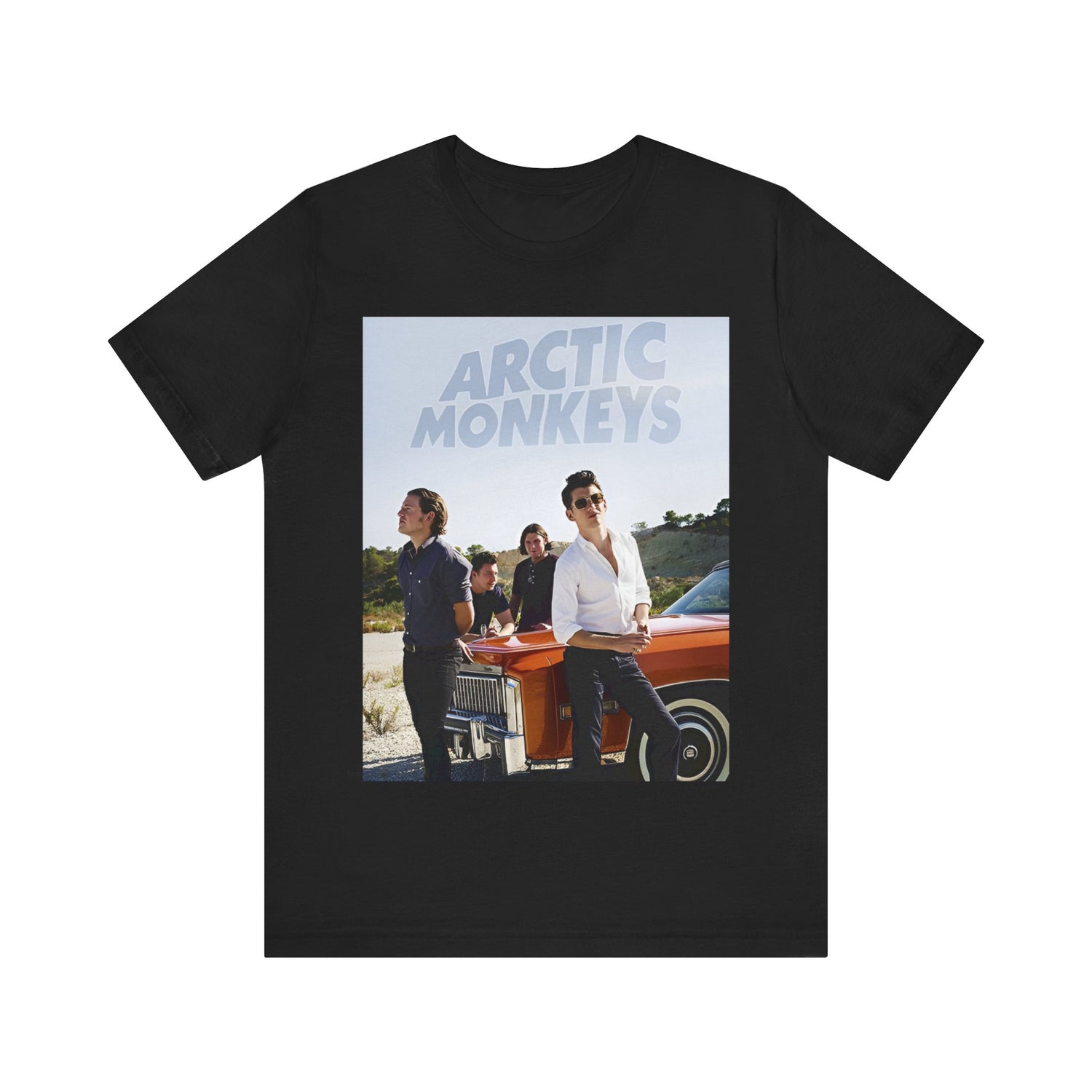 A black graphic t-shirt featuring a design related to Arctic Monkeys' 'AM' album era, possibly with the album art or band imagery.
