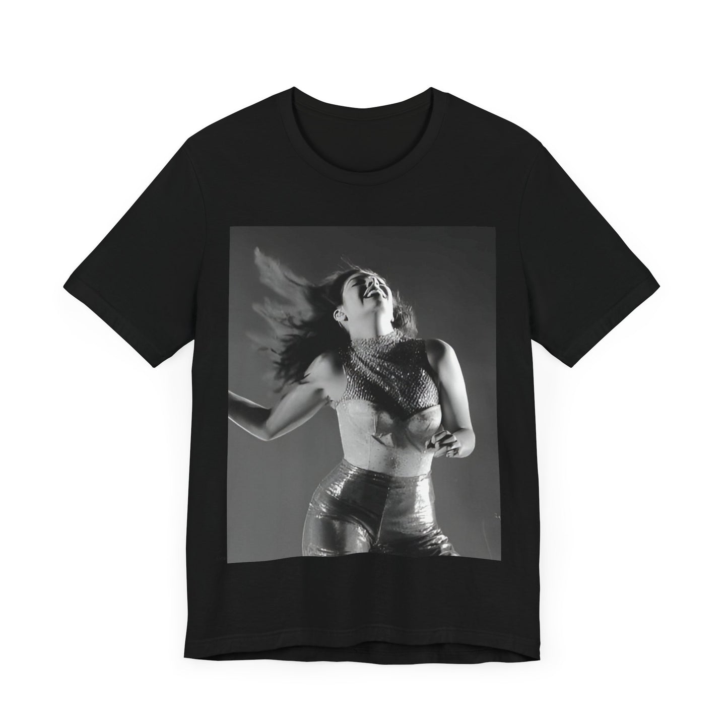 A black graphic t-shirt featuring a black and white, monochrome graphic or portrait of Lorde.