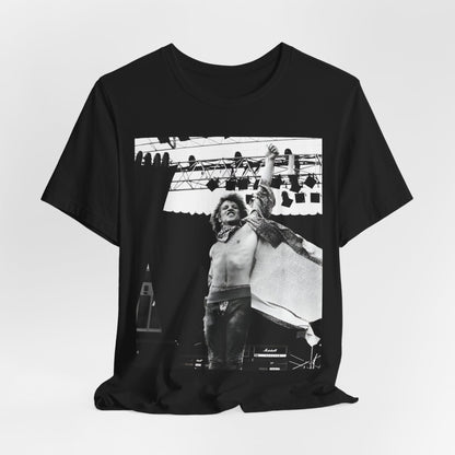 A black graphic t-shirt featuring an epic arena rock graphic of Bon Jovi performing on a large stage.