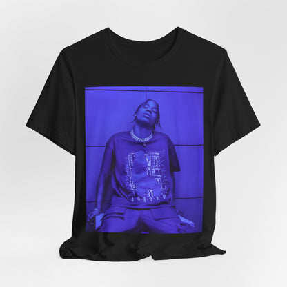A black graphic t-shirt featuring a timeless trap star graphic of Travis Scott.