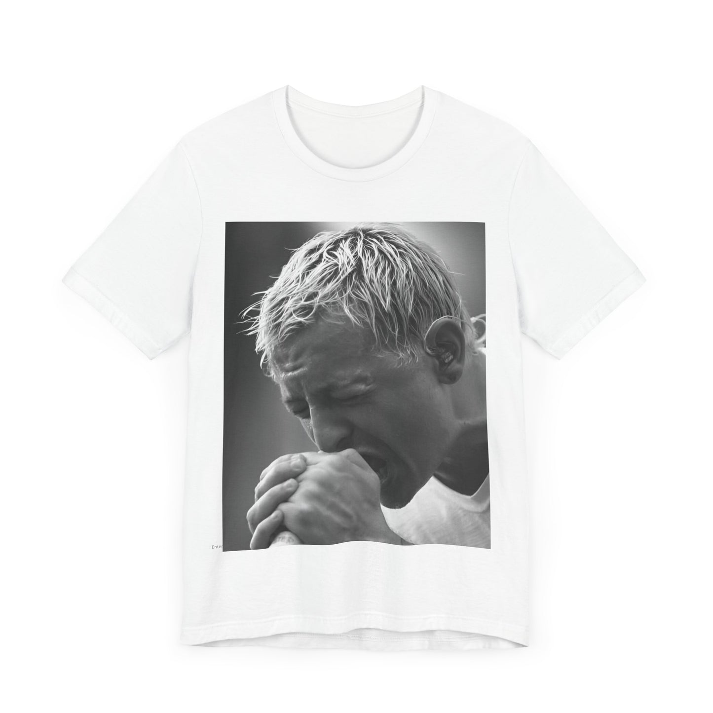 A black graphic t-shirt featuring a graphic or photo of Chester Bennington from Linkin Park performing live on stage.