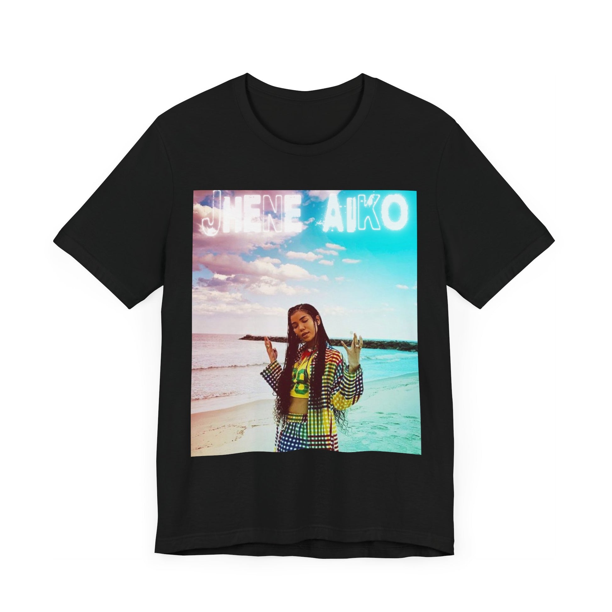 A black graphic t-shirt featuring a vintage ethereal R&B graphic of Jhene Aiko.