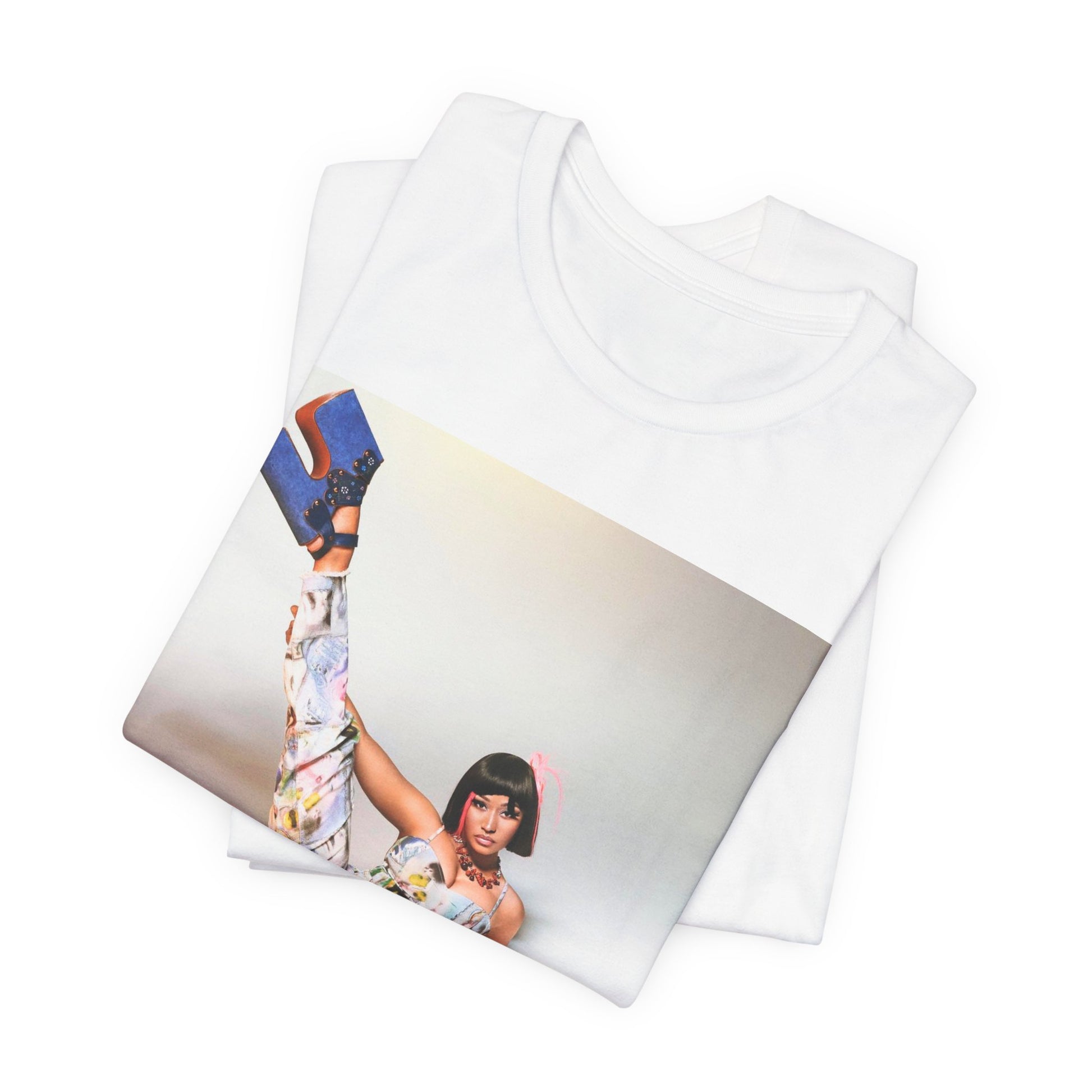 A black graphic t-shirt featuring a graphic of Nicki Minaj as a global fashion rap queen.