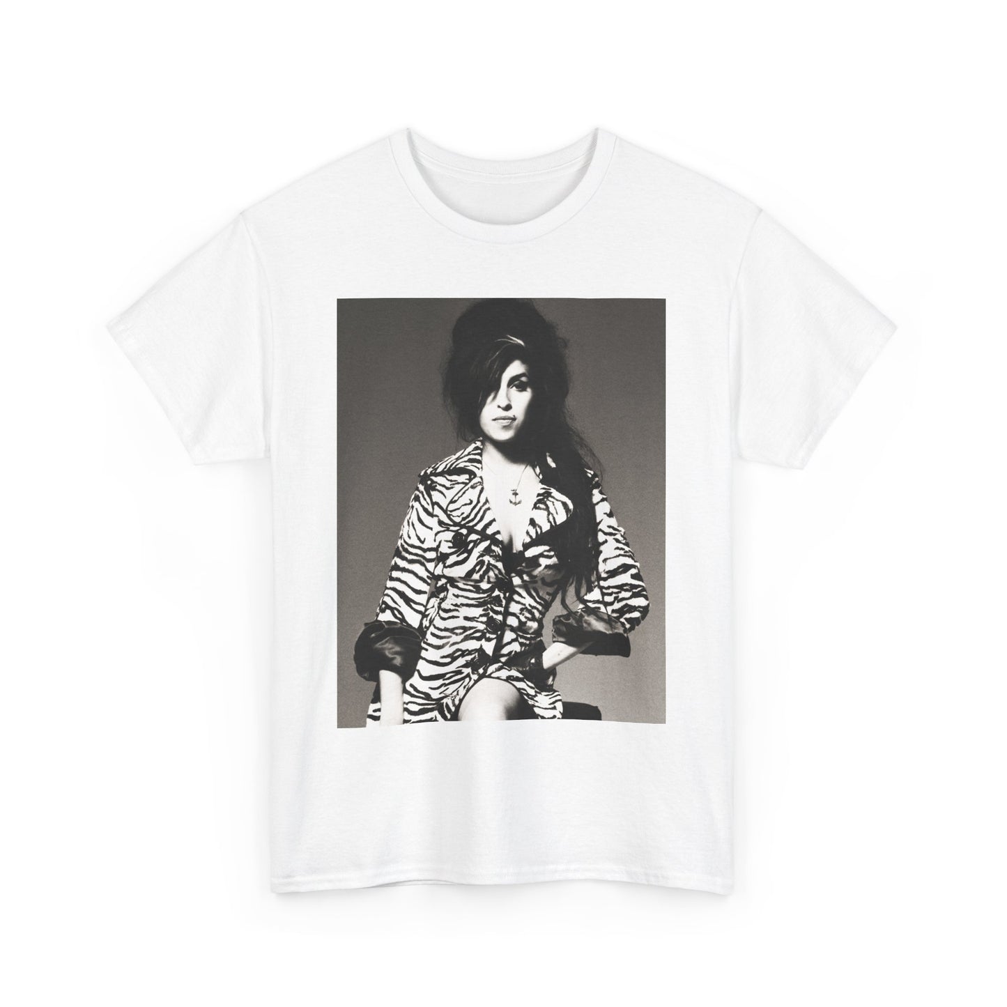 A black graphic t-shirt featuring a vintage black and white portrait of Amy Winehouse, showing her with her signature beehive and soulful expression.
