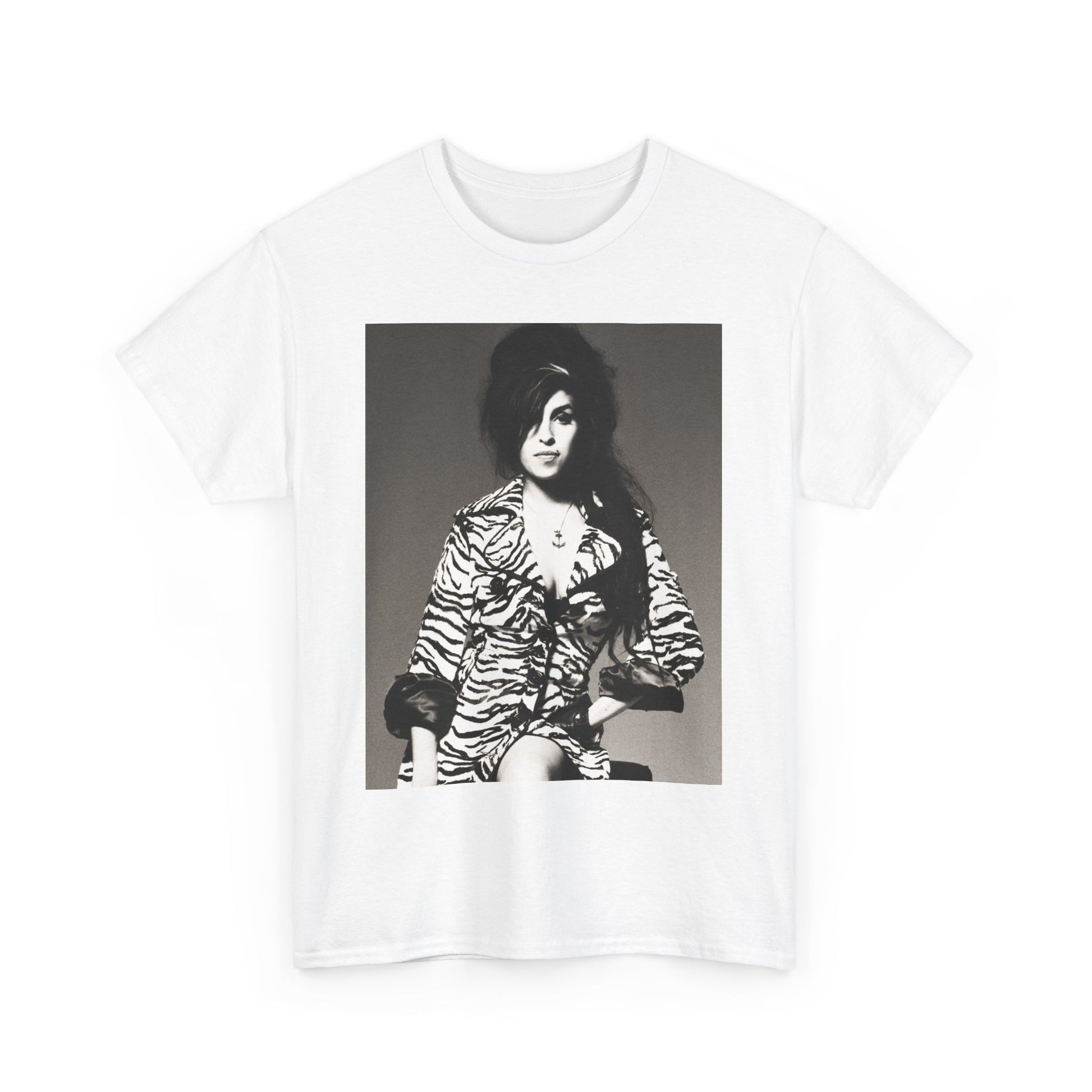A black graphic t-shirt featuring a vintage black and white portrait of Amy Winehouse, showing her with her signature beehive and soulful expression.
