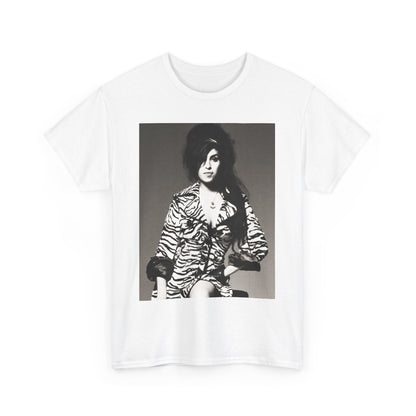A black graphic t-shirt featuring a vintage black and white portrait of Amy Winehouse, showing her with her signature beehive and soulful expression.