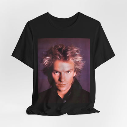 A black graphic t-shirt featuring a graphic related to Sting's 'Every Breath You Take' song or era.