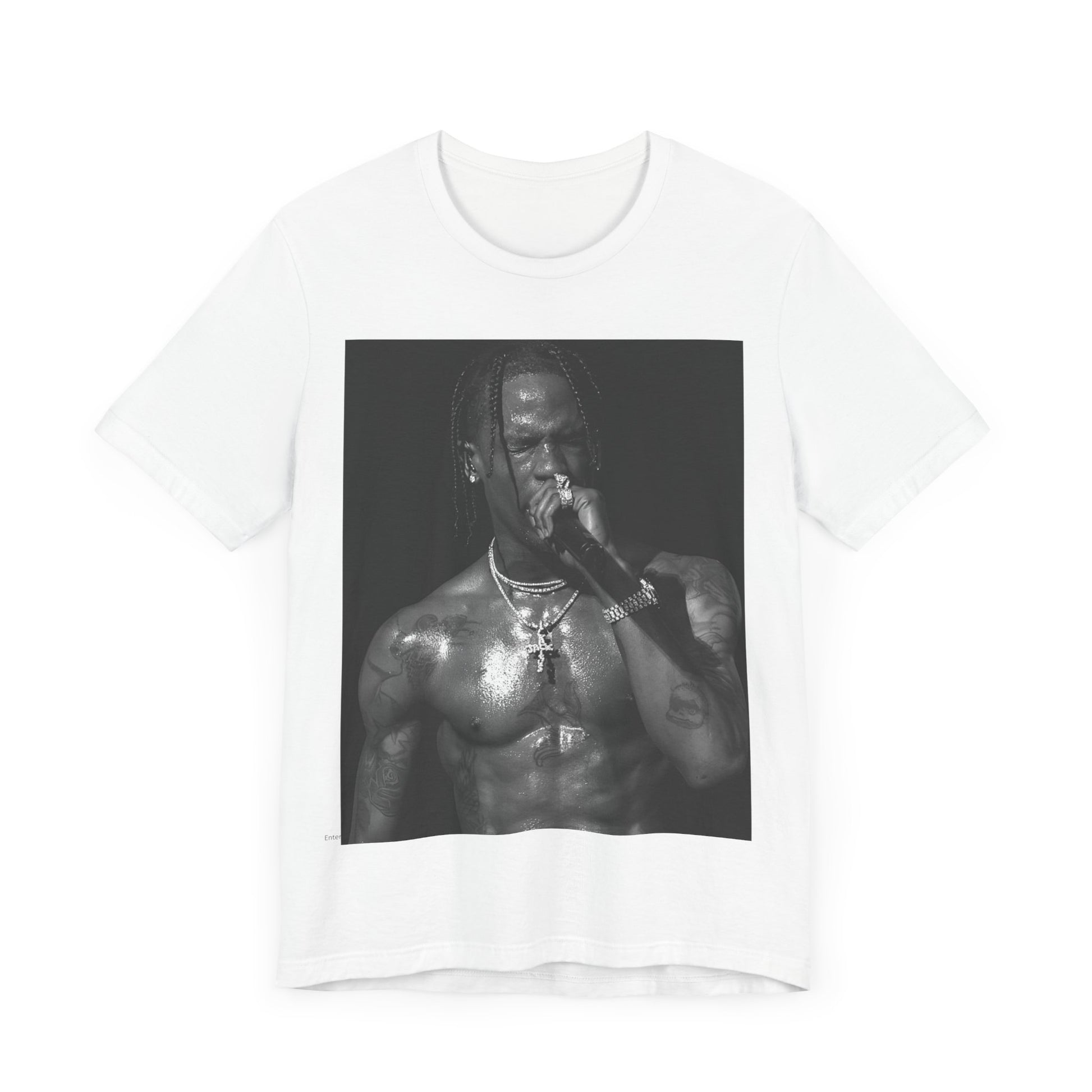 A black graphic t-shirt featuring an underground hip hop graphic of Travis Scott.