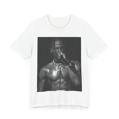 A black graphic t-shirt featuring an underground hip hop graphic of Travis Scott.