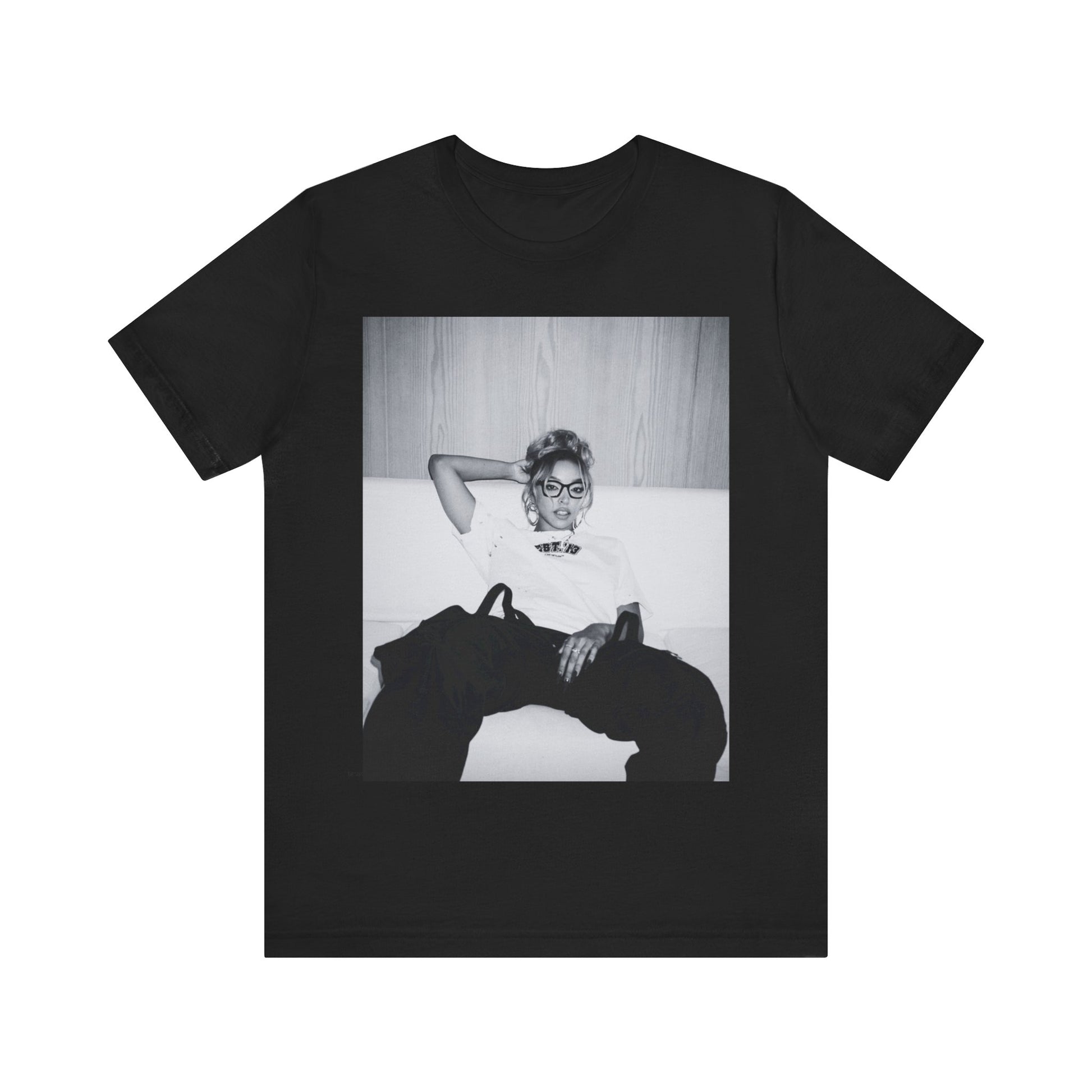 A black graphic t-shirt featuring a black and white portrait photo of Tinashe.