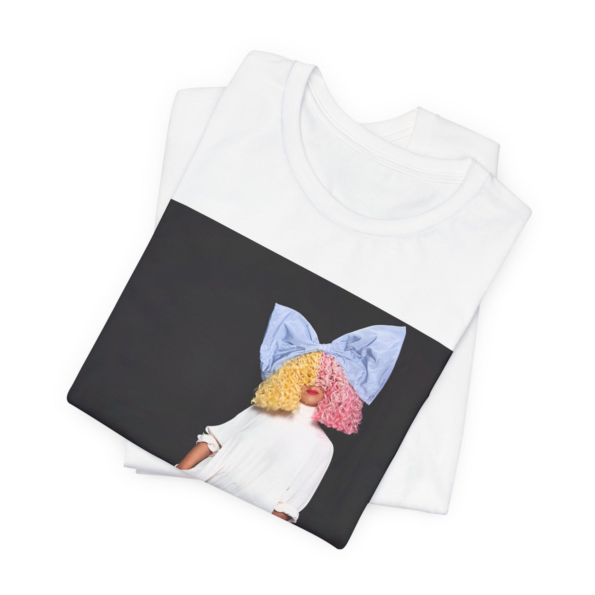 A black graphic t-shirt featuring a vintage pop icon graphic of Sia.