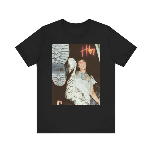 A black graphic t-shirt featuring a graphic of Halsey emphasizing raw emotion.
