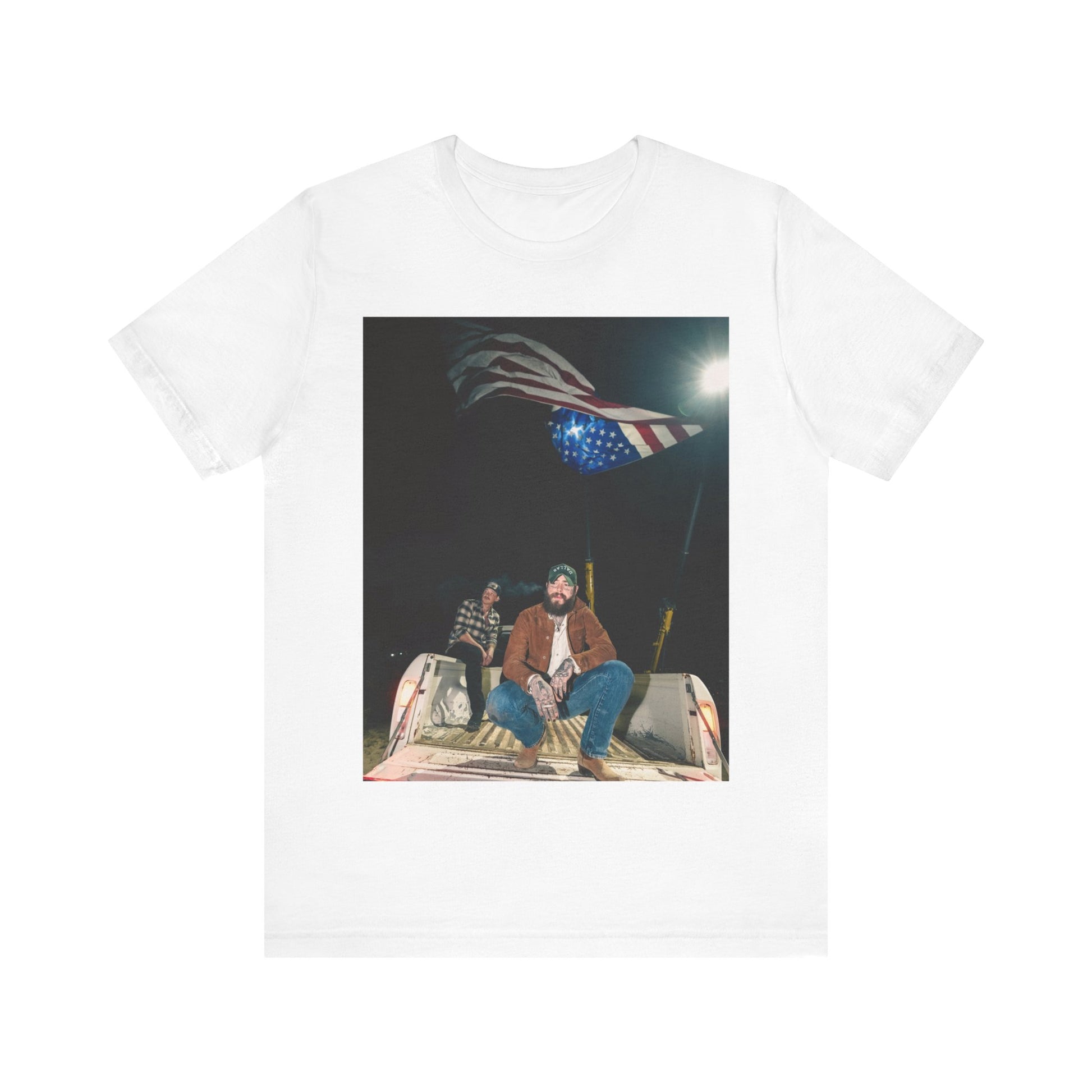 A black graphic t-shirt featuring an Americana-style graphic of Post Malone.