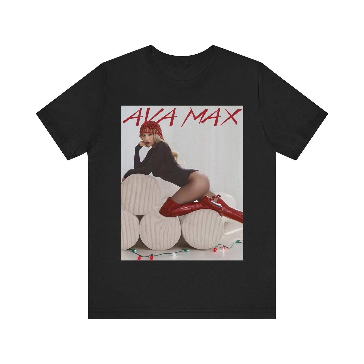 A black graphic t-shirt featuring an artistic or aesthetic graphic of Ava Max.