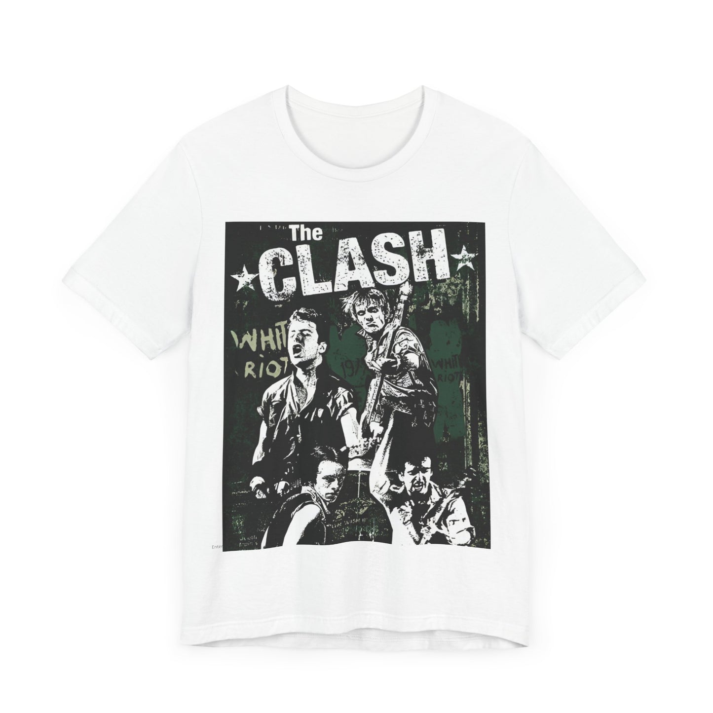 A black graphic t-shirt featuring a graphic related to The Clash's 'White Riot' song.