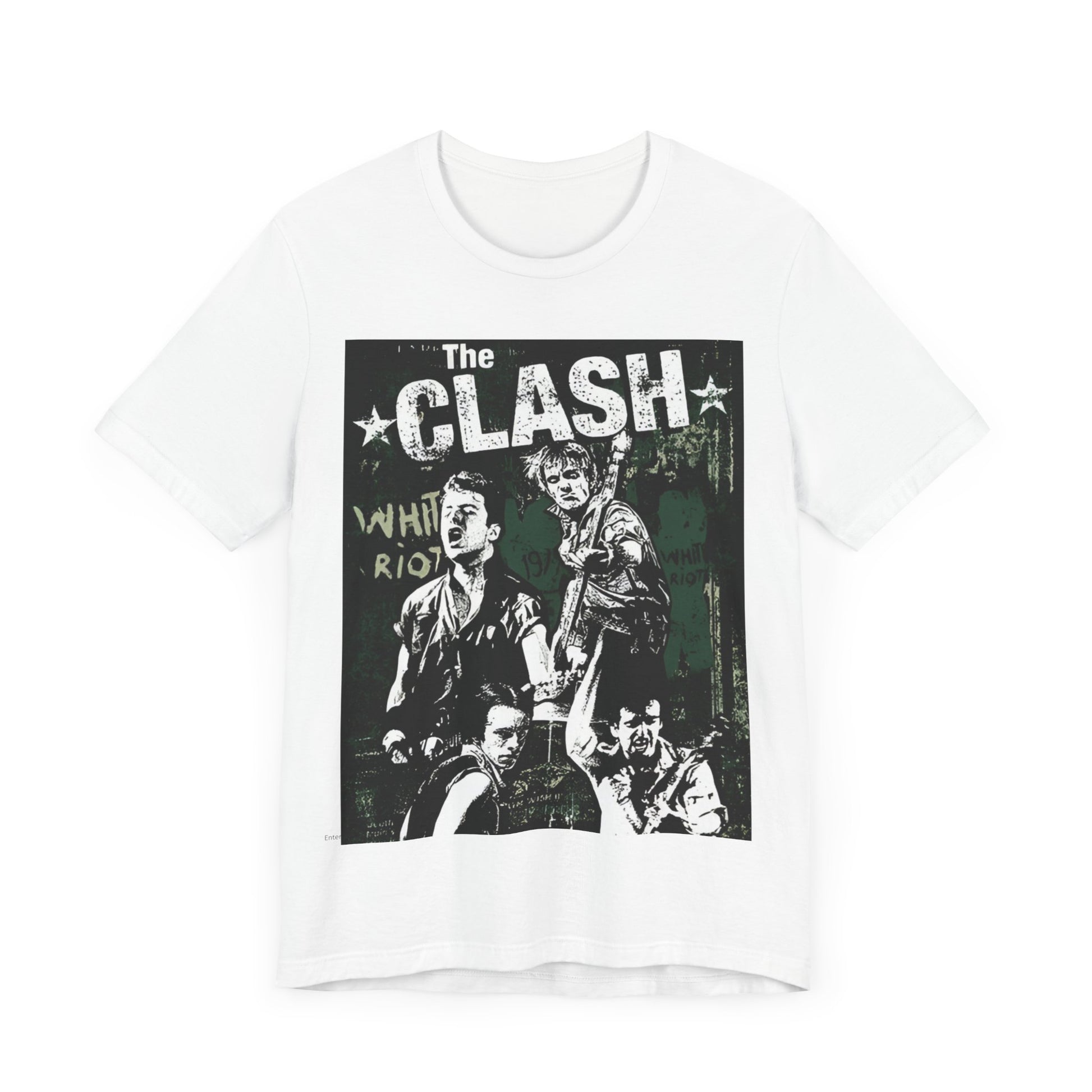 A black graphic t-shirt featuring a graphic related to The Clash's 'White Riot' song.