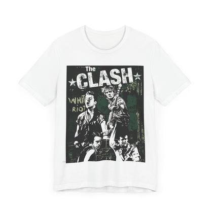 A black graphic t-shirt featuring a graphic related to The Clash's 'White Riot' song.