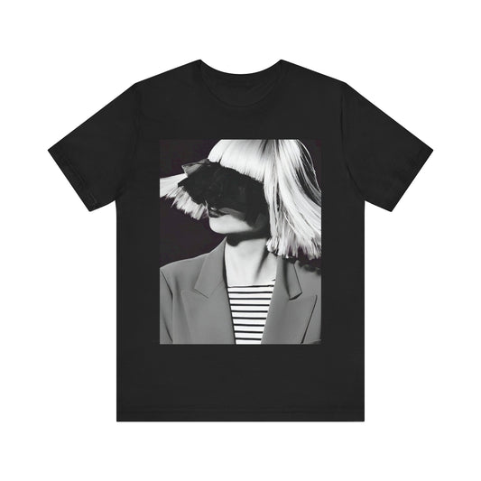 A black graphic t-shirt featuring a black and white portrait photo of Sia.