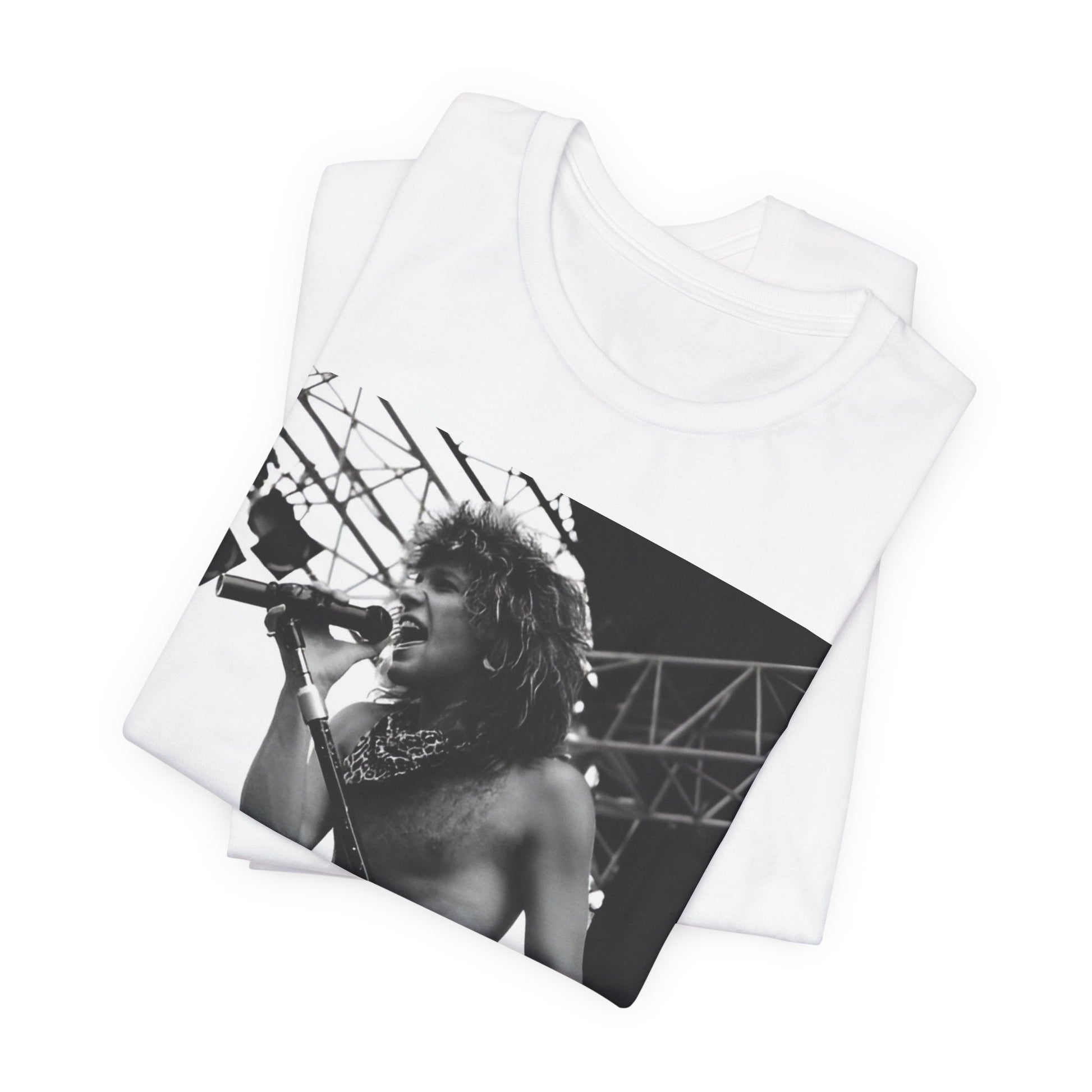 A black graphic t-shirt featuring a retro tour graphic for Bon Jovi's '88 tour.