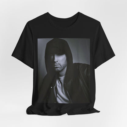 A black graphic t-shirt featuring a black and white, monochrome graphic or photo of Eminem.