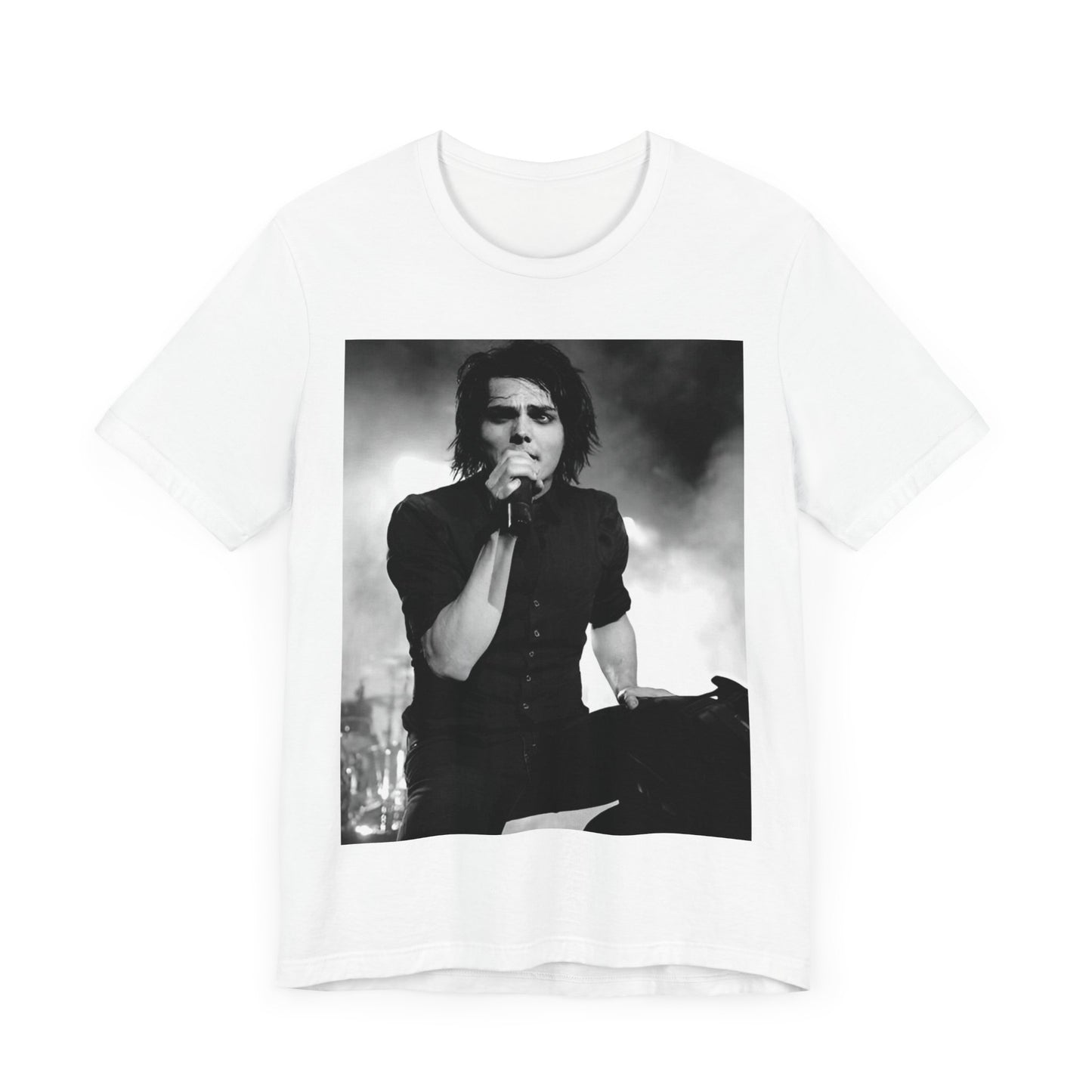 A black graphic t-shirt featuring a black and white graphic or photo of My Chemical Romance performing live in concert.