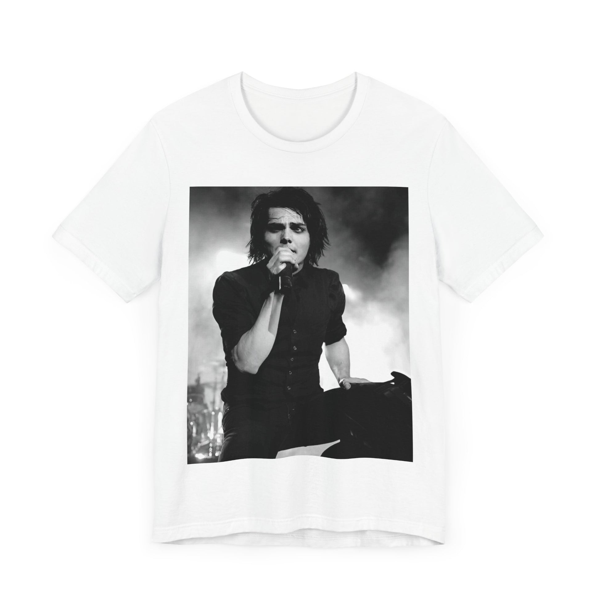 A black graphic t-shirt featuring a black and white graphic or photo of My Chemical Romance performing live in concert.