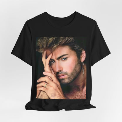 A black graphic t-shirt featuring a graphic of George Michael with a feel-good 80s vibe.