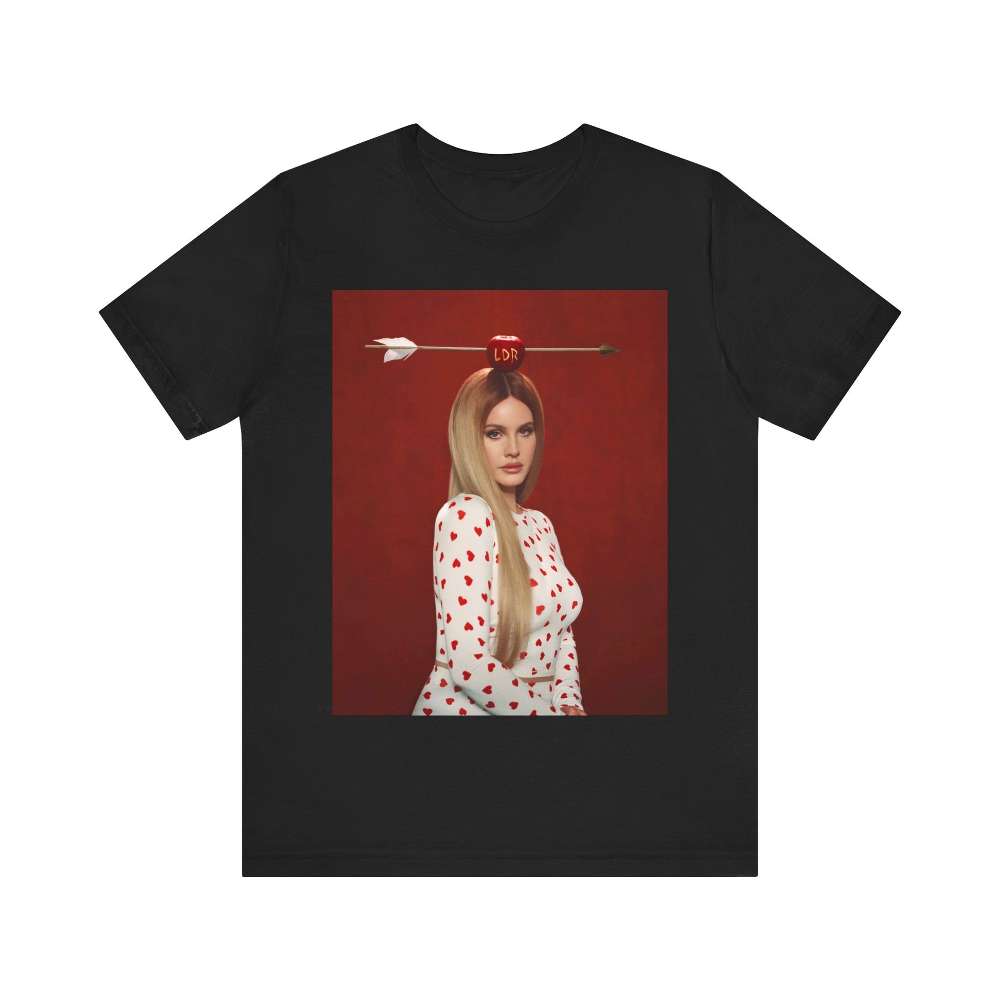 Conceptual photo of Lana Del Rey with an arrow shot through an apple on her head, printed on a graphic t-shirt.