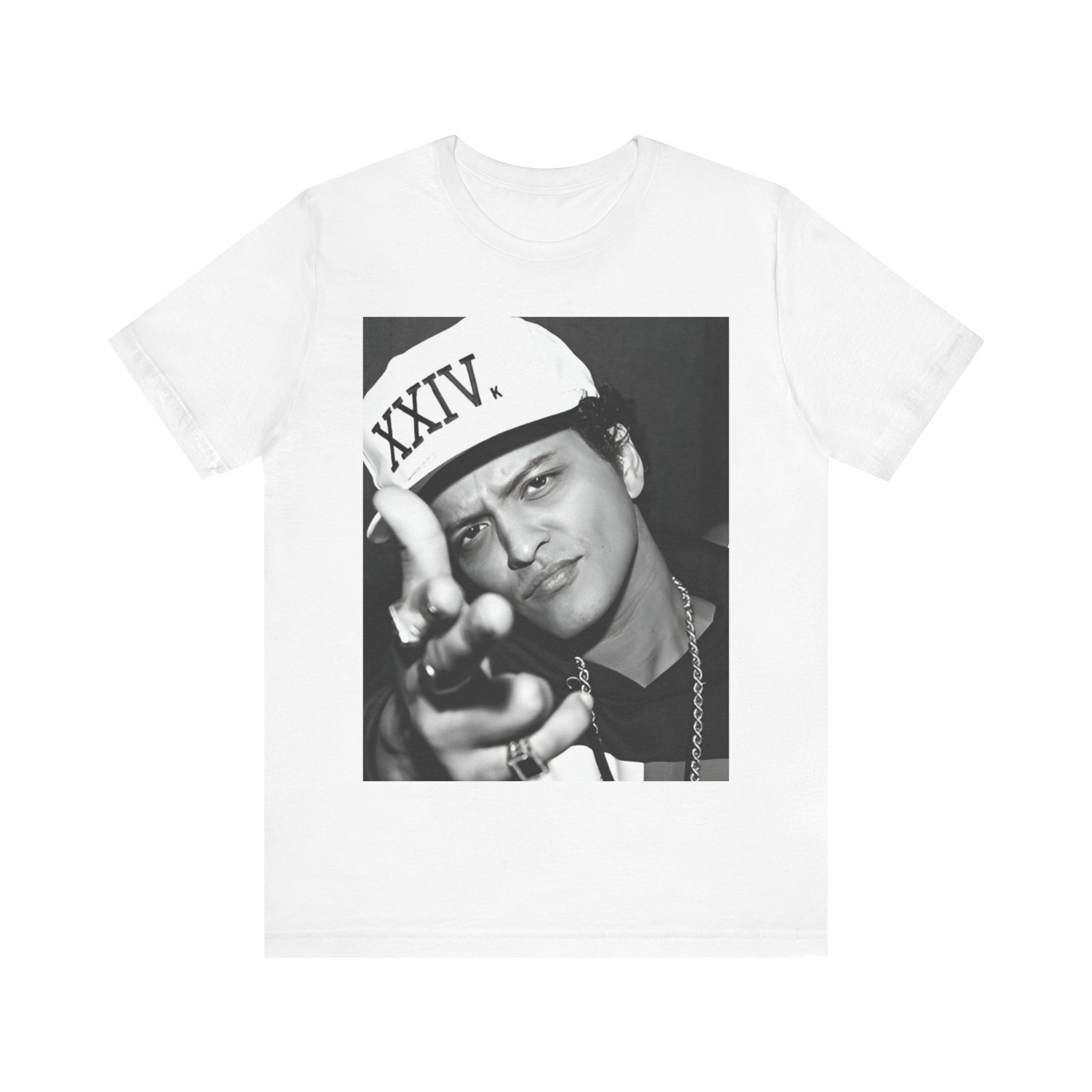 A black graphic t-shirt featuring a black and white photo of Bruno Mars, likely from his '24K Magic' (XXIV) era.
