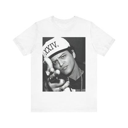 A black graphic t-shirt featuring a black and white photo of Bruno Mars, likely from his '24K Magic' (XXIV) era.