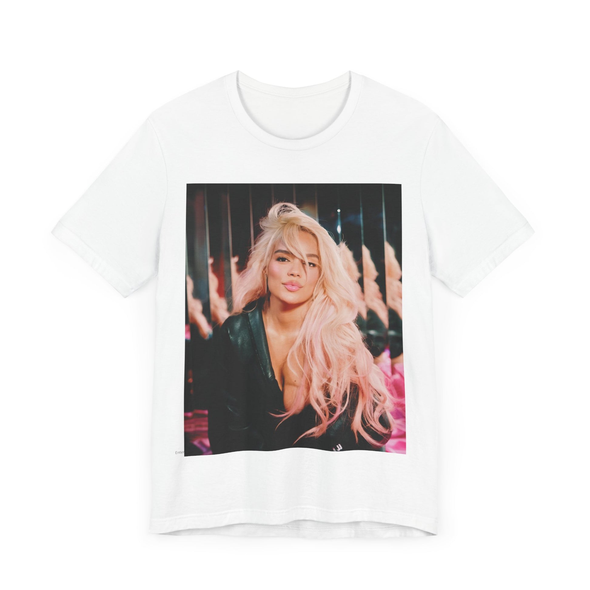 A black graphic t-shirt featuring a graphic of Karol G as an empowered Latina icon.