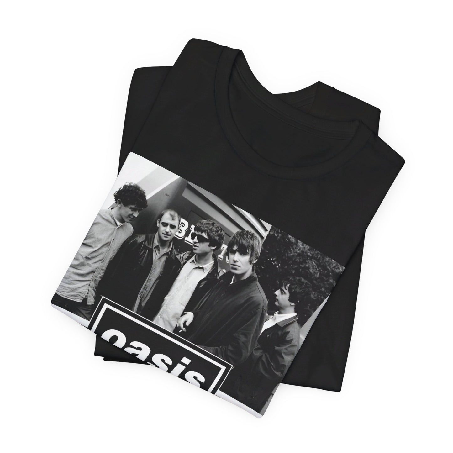 A black graphic t-shirt featuring an early days band photo graphic of Oasis.