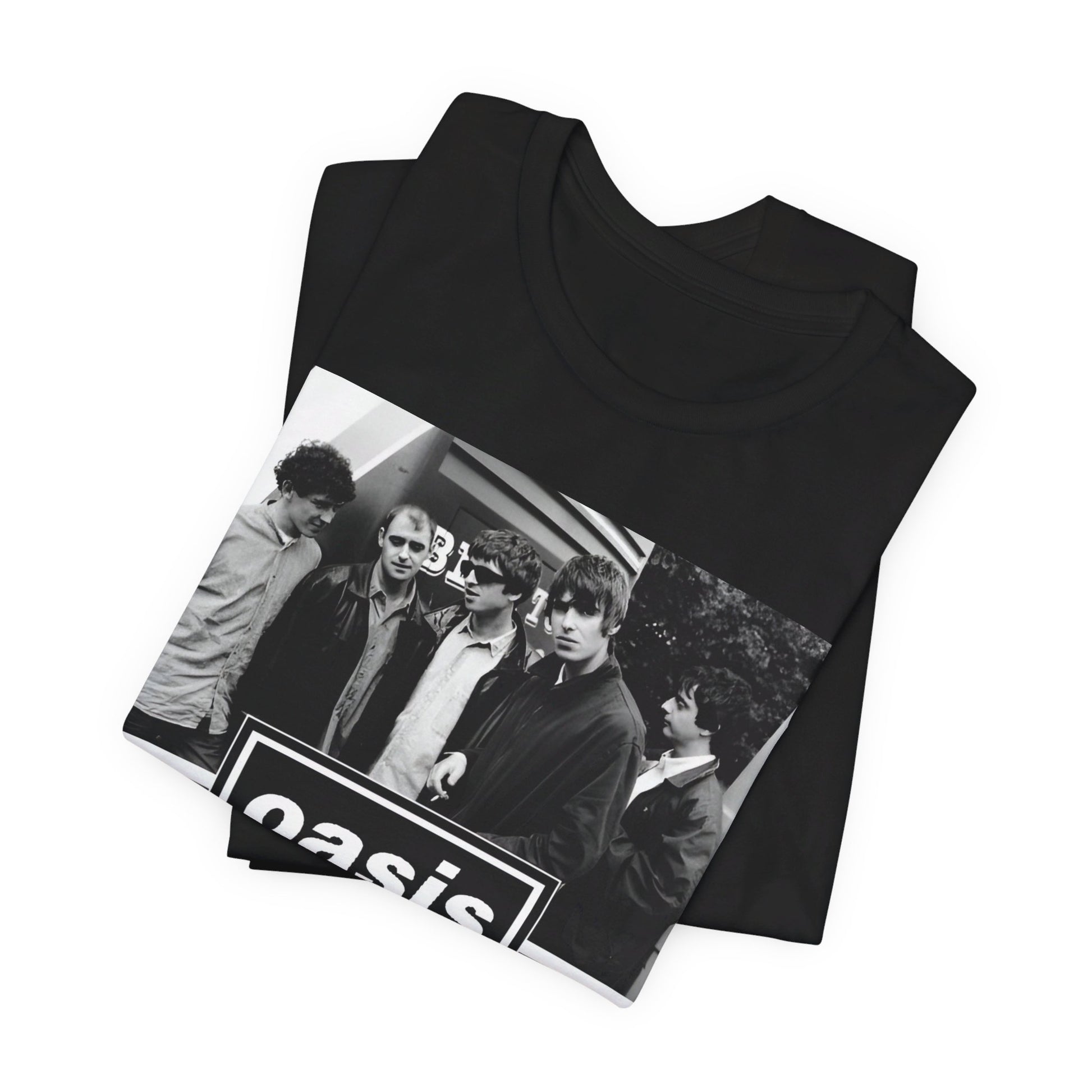 A black graphic t-shirt featuring an early days band photo graphic of Oasis.