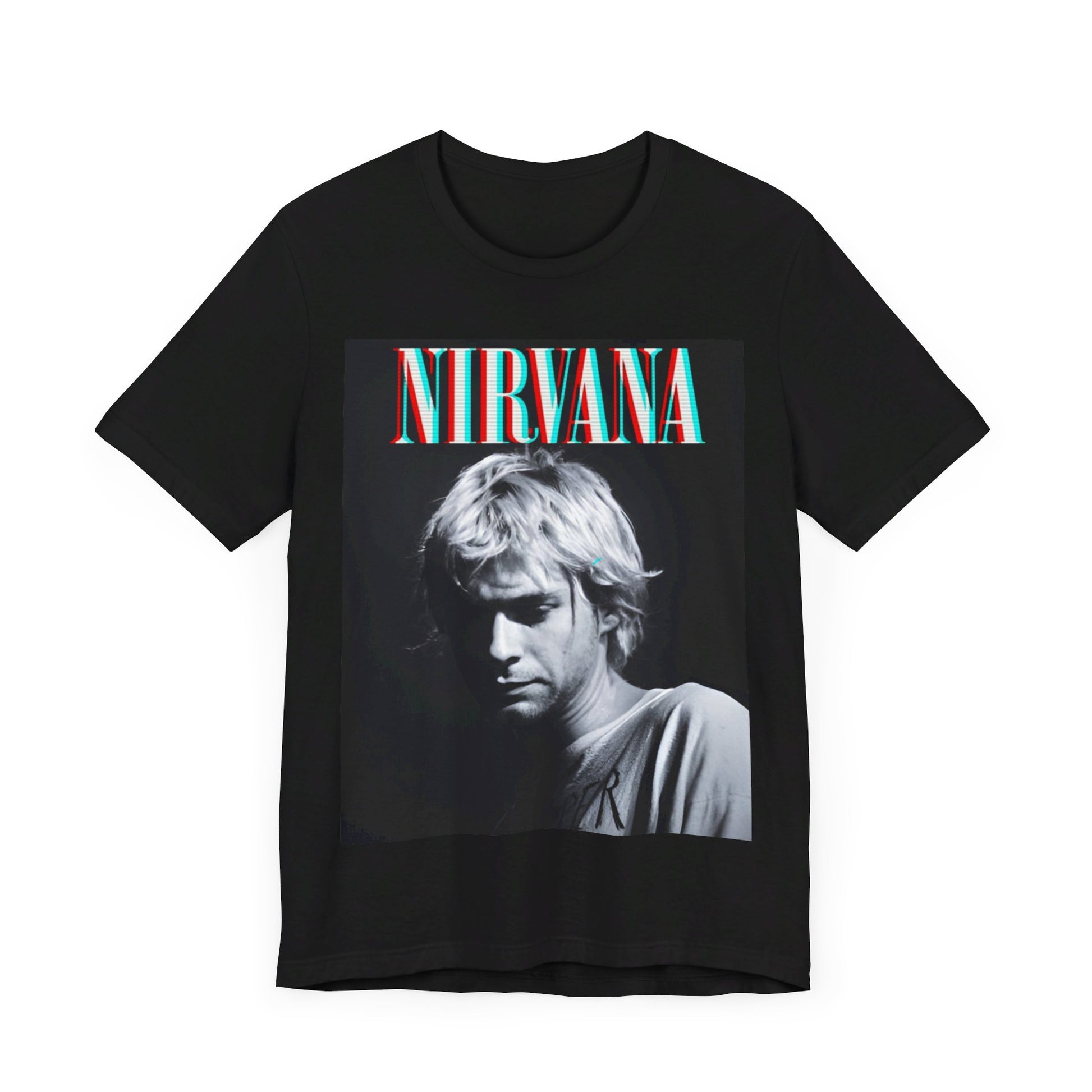 A black graphic t-shirt featuring an aesthetic graphic of Nirvana.