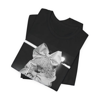A black graphic t-shirt featuring a black and white, monochrome graphic or photo of Sia.