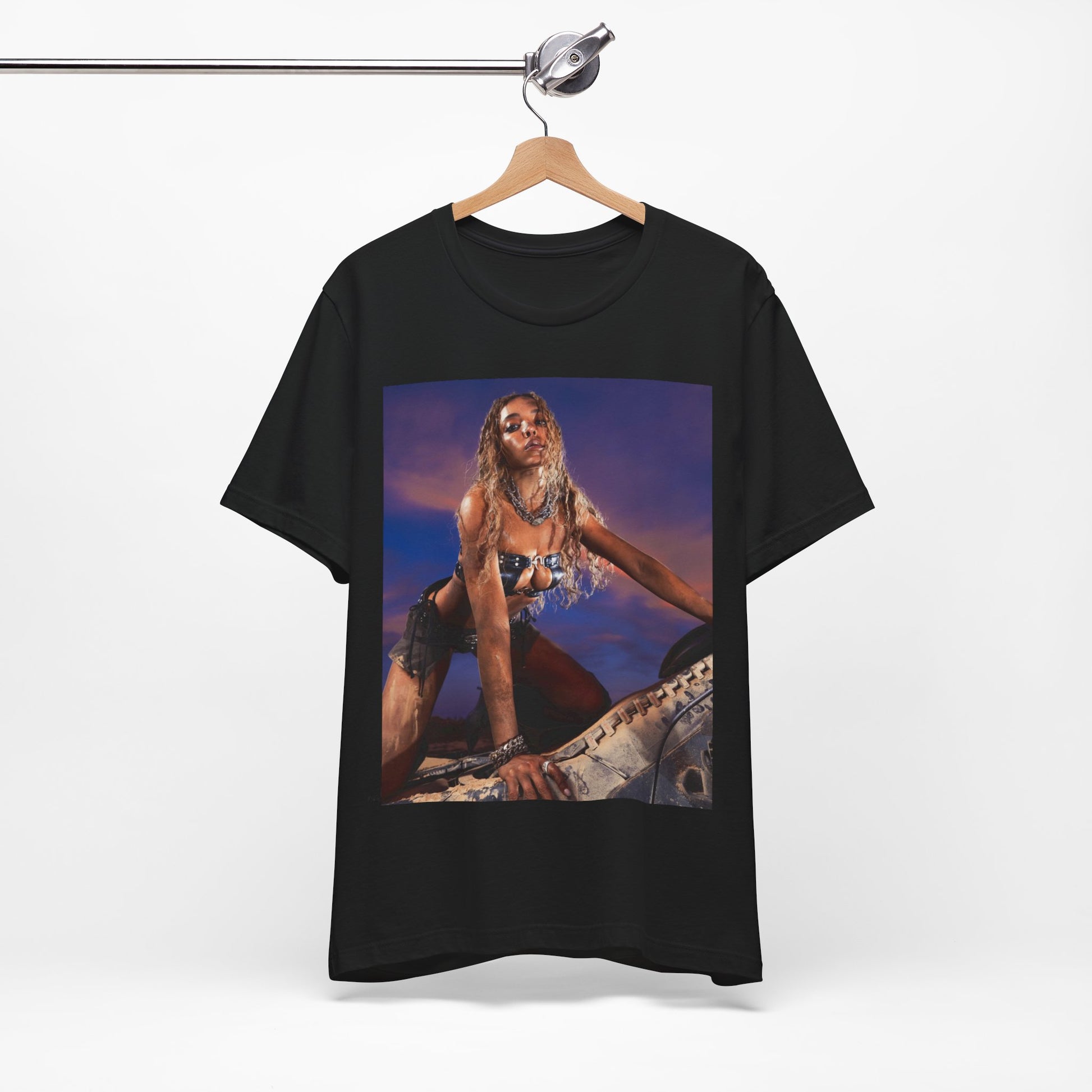 A black graphic t-shirt featuring a vintage graphic related to Tinashe's 'Nasty' era.