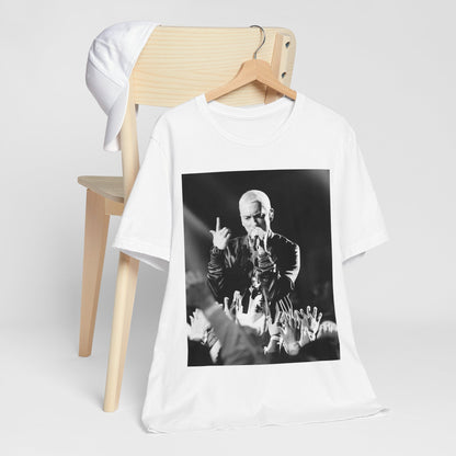 A black graphic t-shirt featuring a graphic or photo of Eminem performing live on stage.