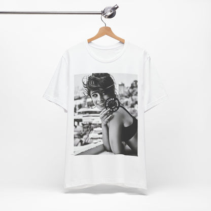 A black graphic t-shirt featuring a black and white photo or graphic of Camila Cabello in an iconic style.