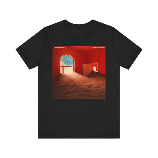 A black graphic t-shirt featuring a graphic related to Tame Impala's 'The Slow Rush' album.