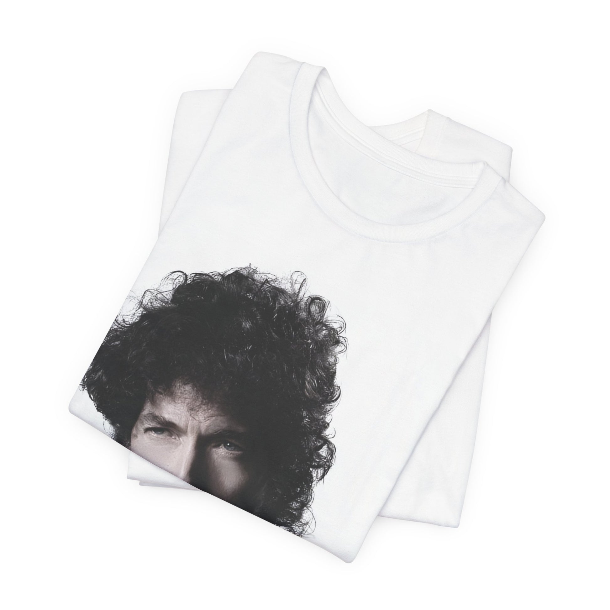 A black graphic t-shirt featuring a timeless folk rock graphic of Bob Dylan, possibly with his guitar or harmonica.