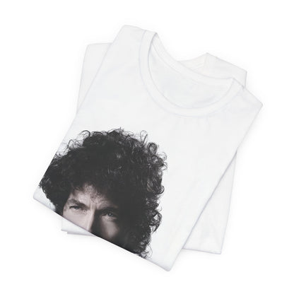 A black graphic t-shirt featuring a timeless folk rock graphic of Bob Dylan, possibly with his guitar or harmonica.