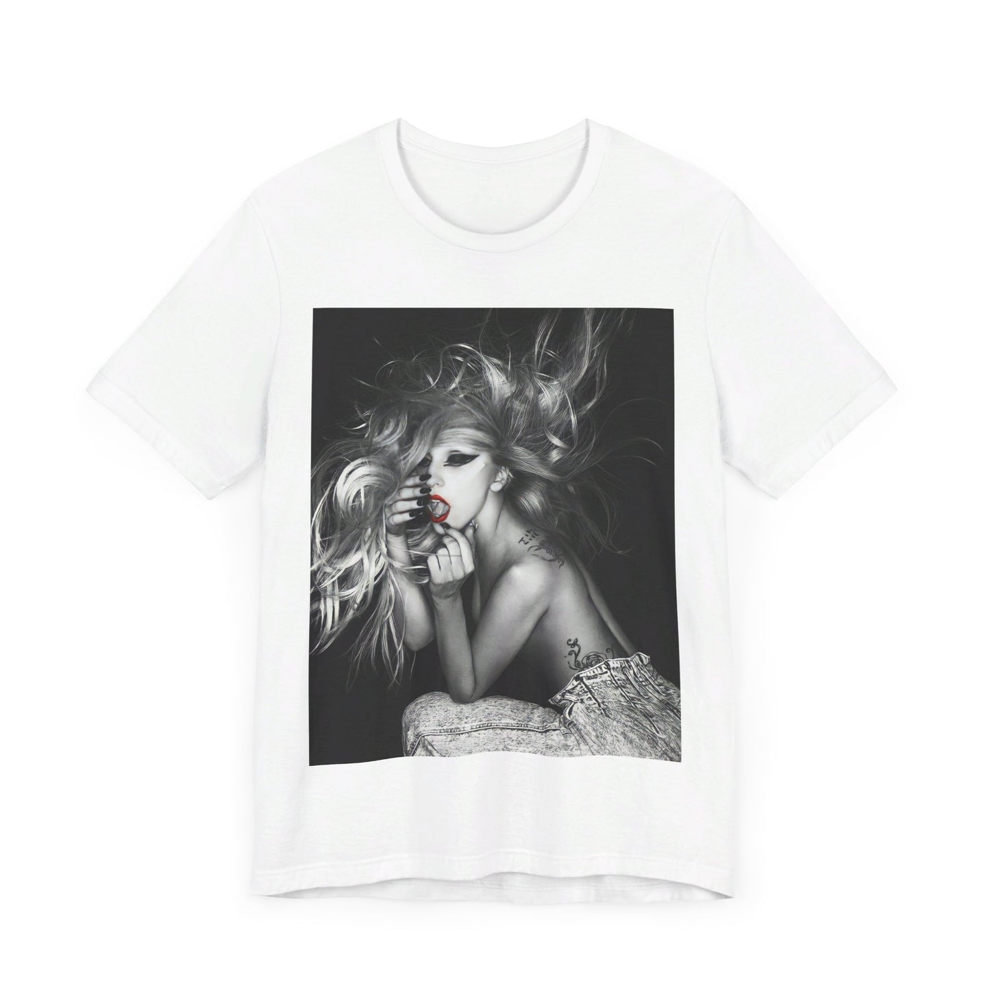 A black graphic t-shirt featuring an iconic graphic related to Lady Gaga's 'Bad Romance' era.