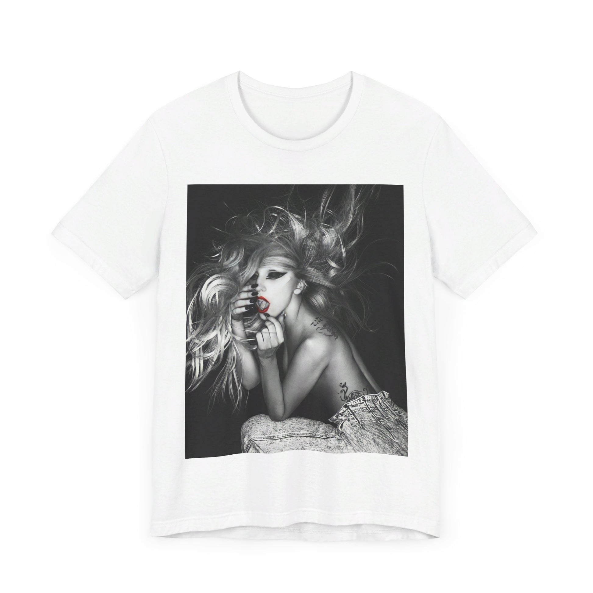 A black graphic t-shirt featuring an iconic graphic related to Lady Gaga's 'Bad Romance' era.