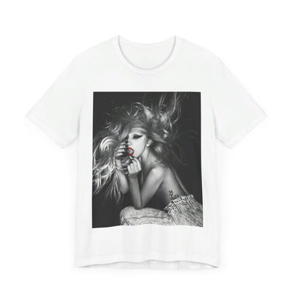 A black graphic t-shirt featuring an iconic graphic related to Lady Gaga's 'Bad Romance' era.