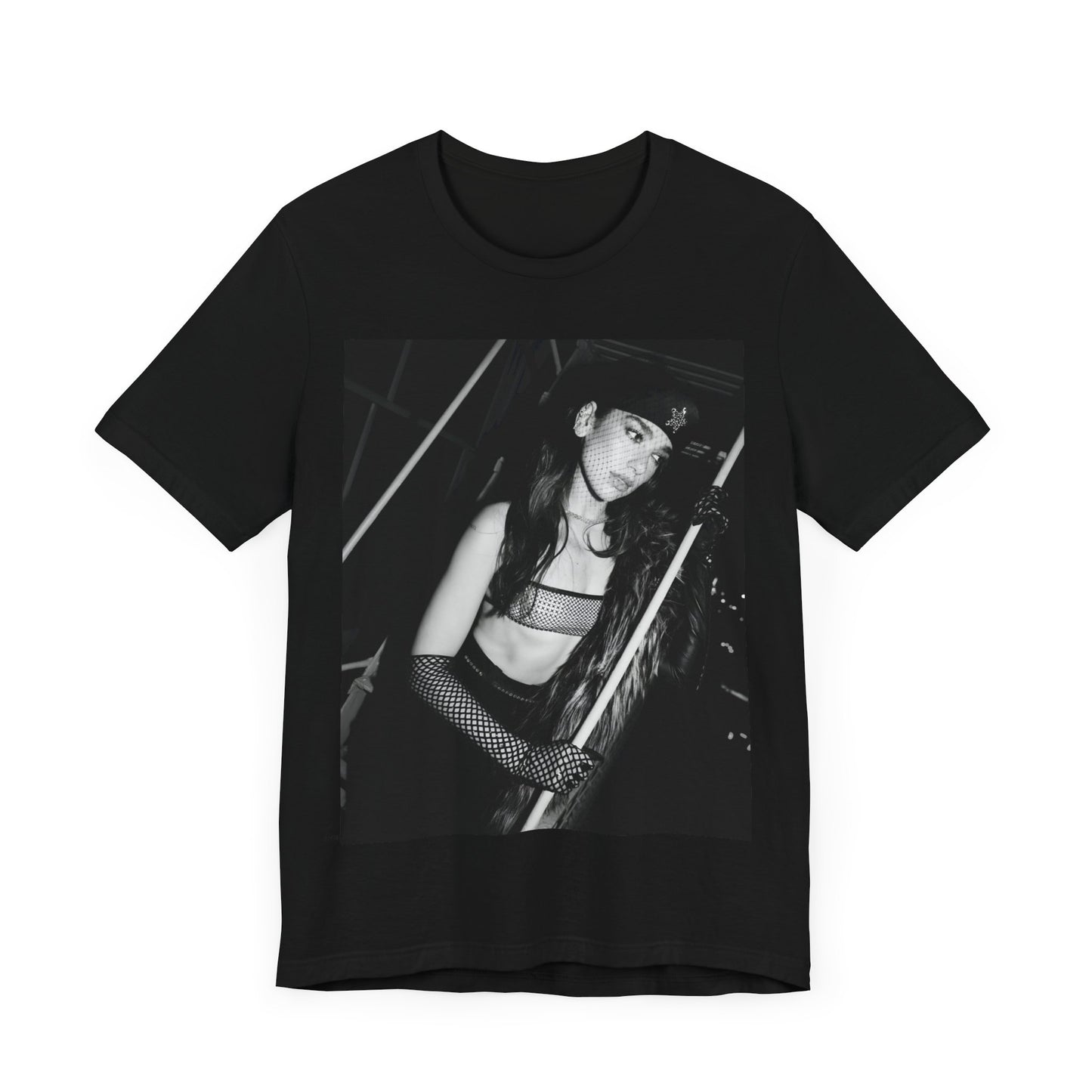 A black graphic t-shirt featuring a black and white, monochrome graphic or portrait of Dua Lipa.